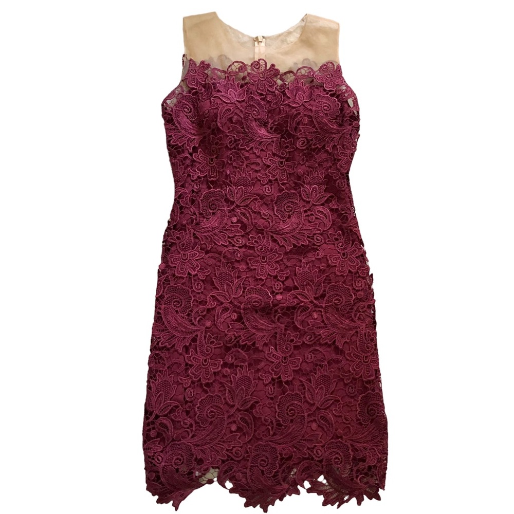 Marchesa Notte Women’s Sleeveless Lace Formal Sheath Dress, Burgundy Size 2